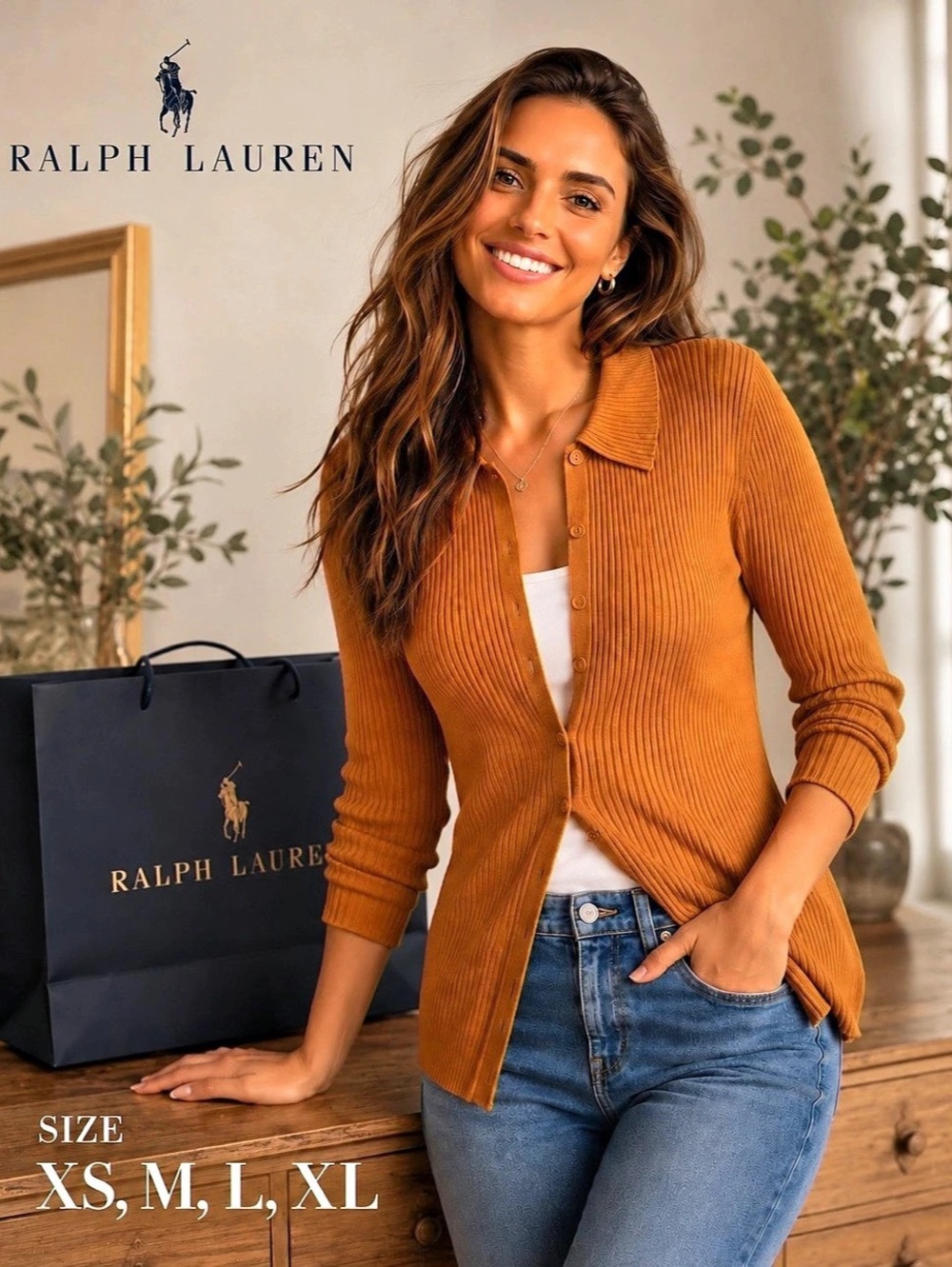Ralph Lauren Ribbed Button Front Top in Light Brown